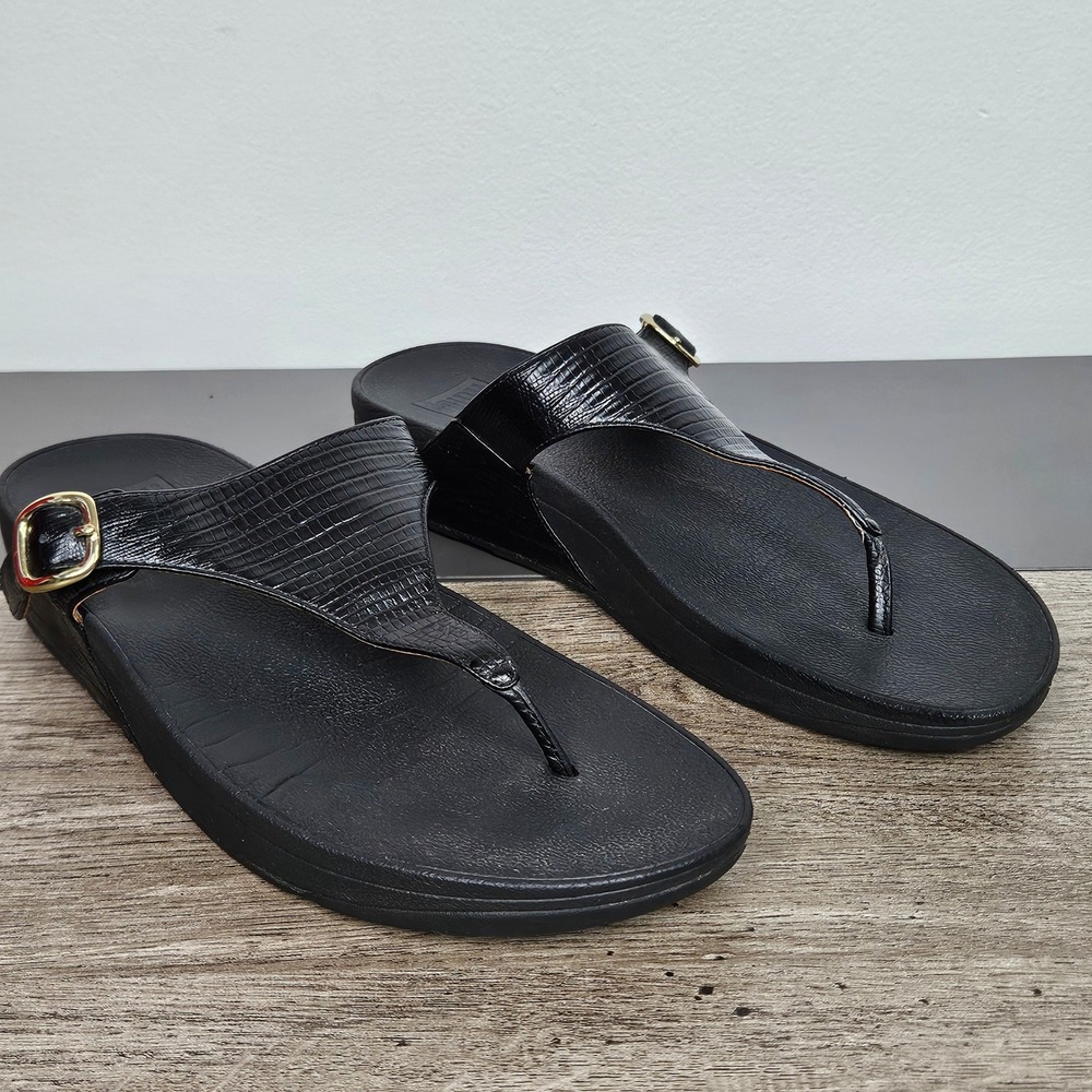 FitFlop Sandals Womens Sz 10 The Skinny Toe Post Buckle Black Leather 350-001